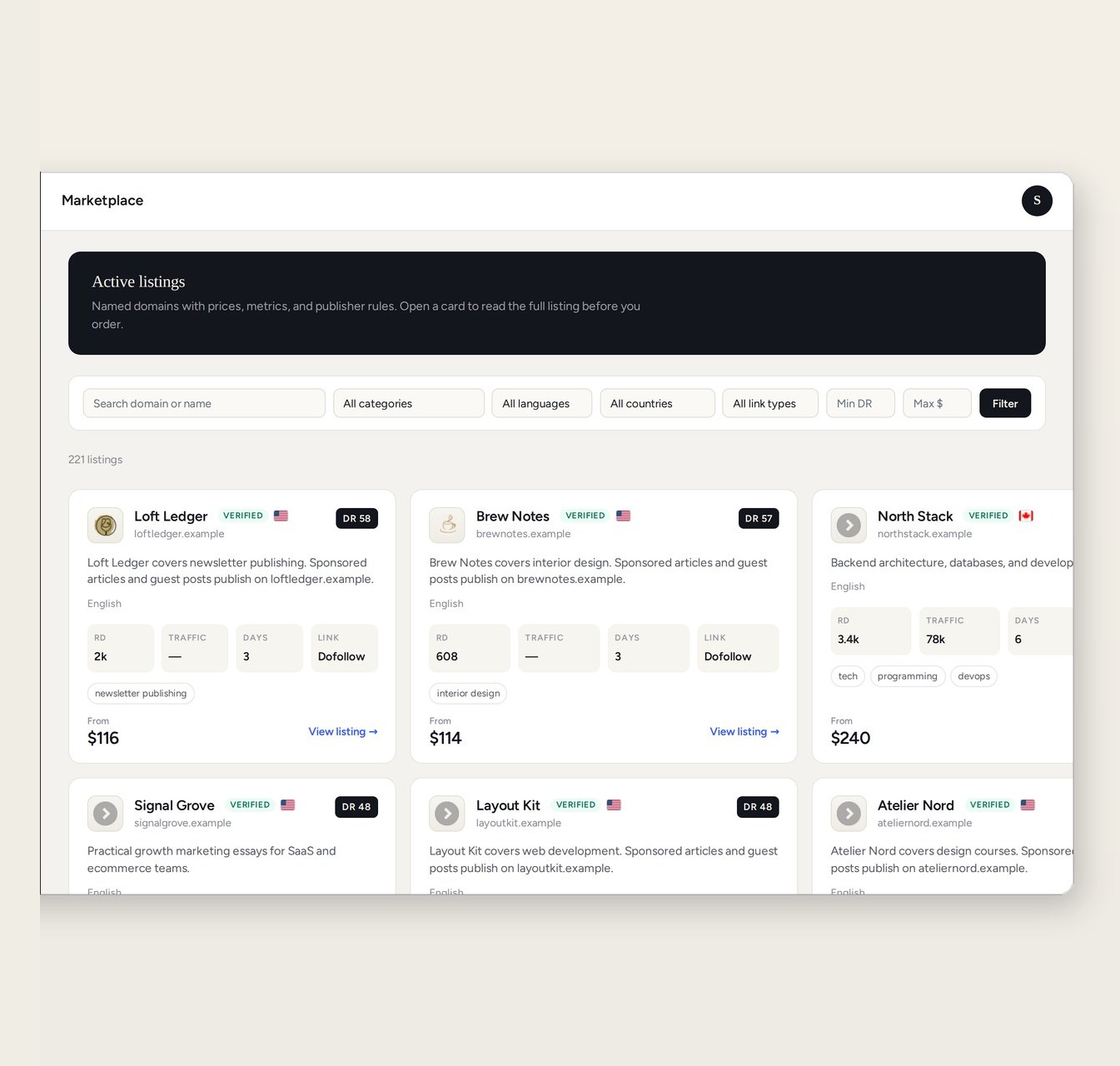 Marketplace listing for a named domain