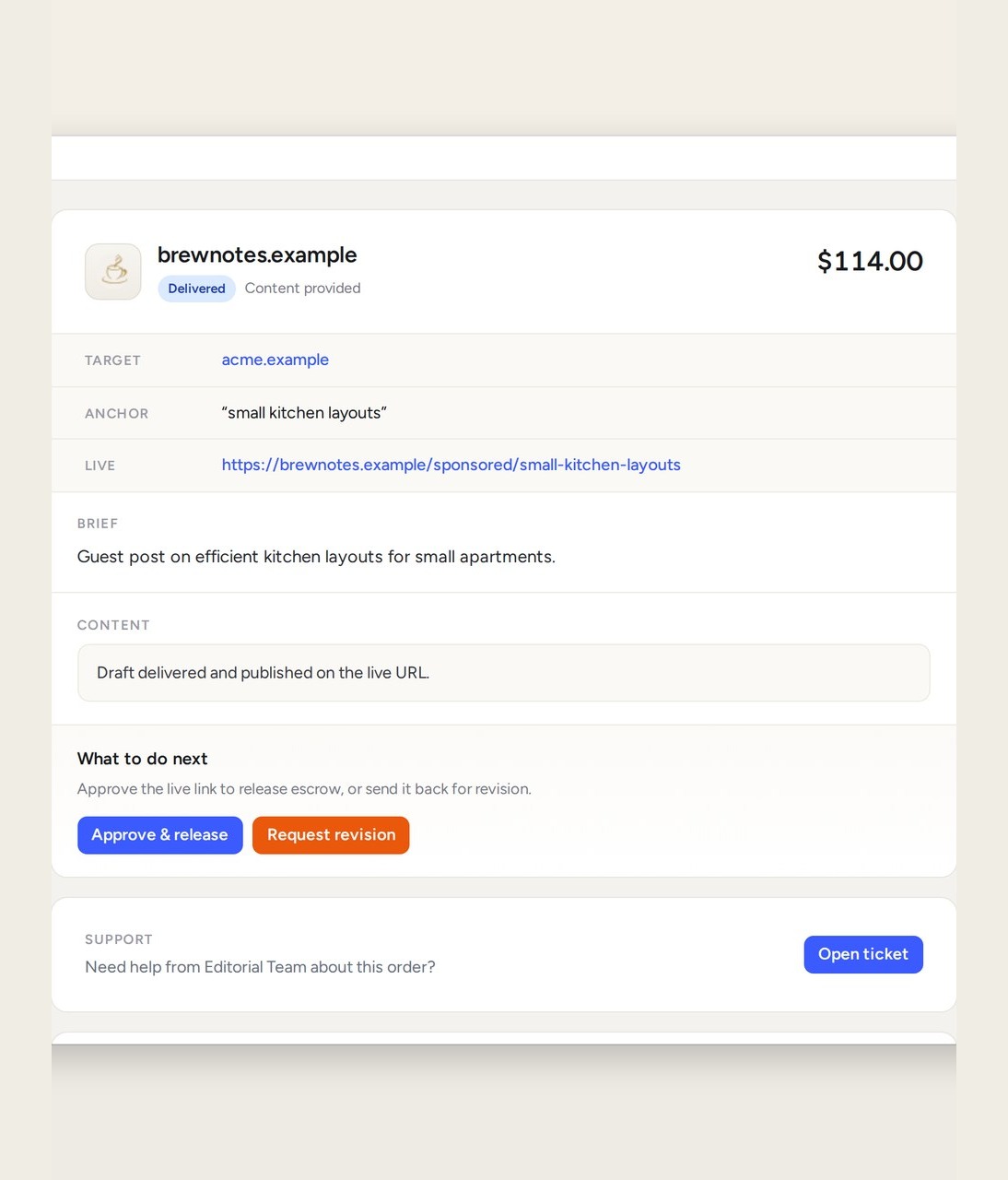 Order screen with live URL ready to confirm
