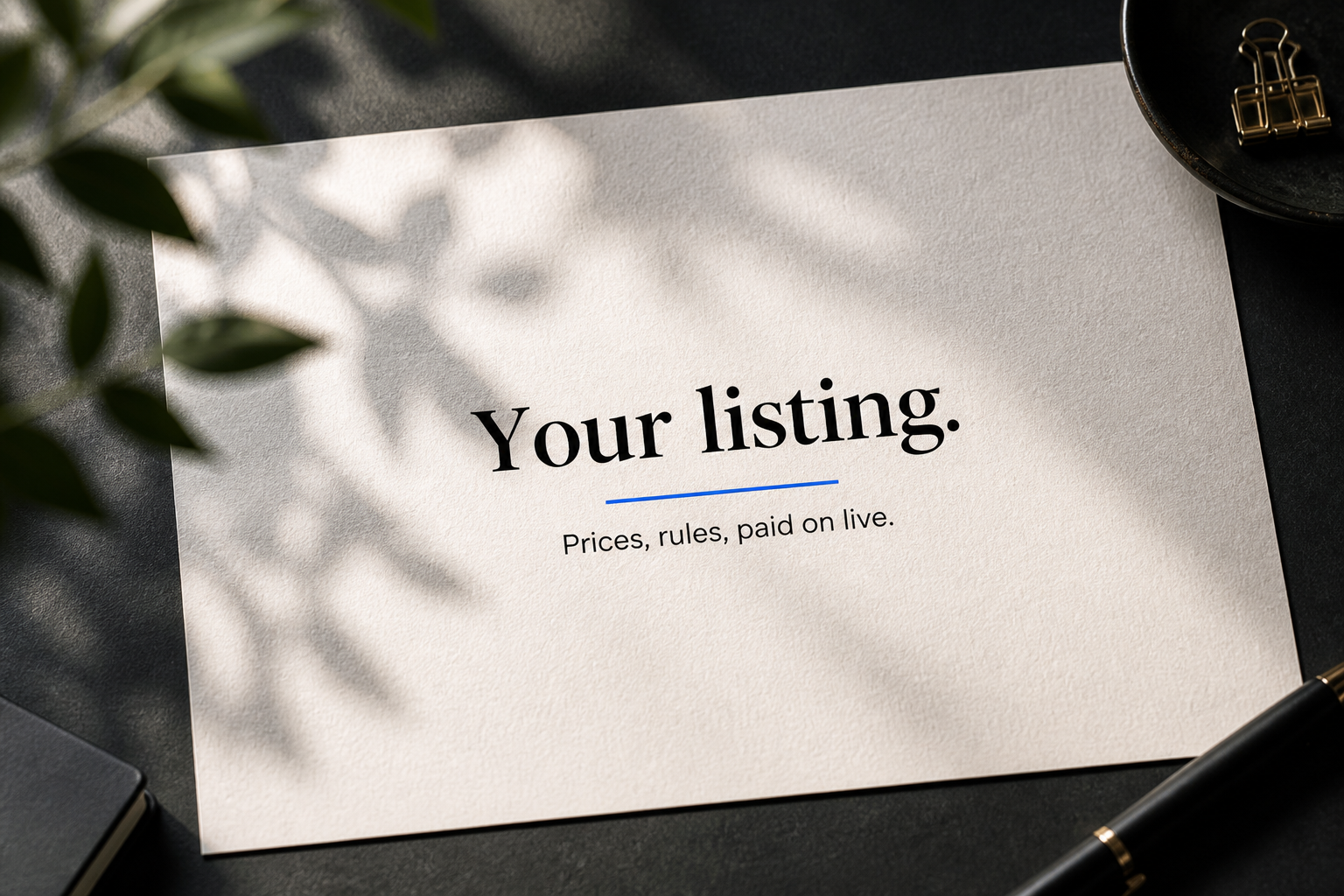 Your listing card on cream paper